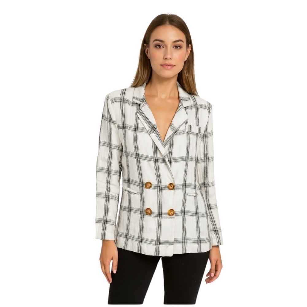 Heartloom 100% Linen Plaid Double Breasted Preppy Relaxed Fit Blazer Size L